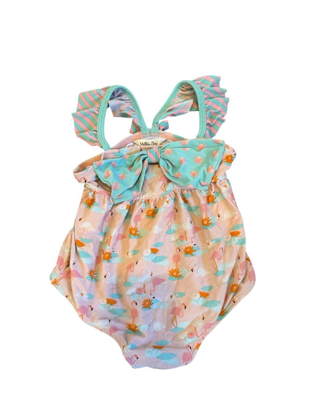 Matilda Jane Pink Flamingo Print Baby Girls' One-Piece Swimsuit with Mint Bow